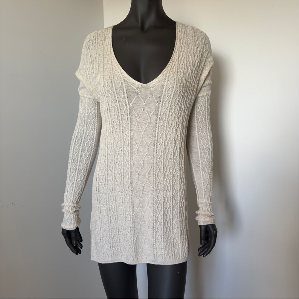 154. Babaton Linen Wool Elegant Cream V-Neck Cable knit Sweater - Picture 1 of 6